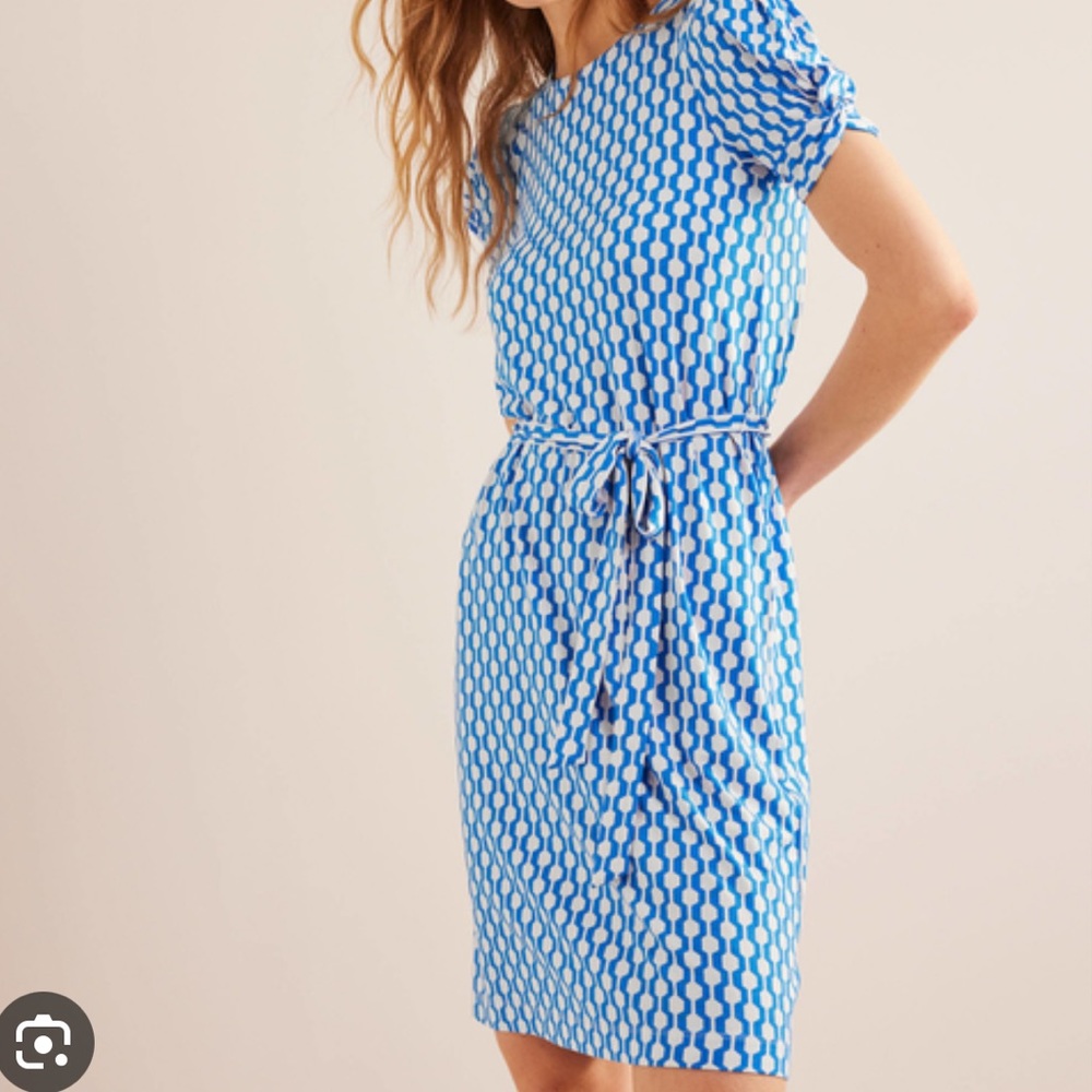 Boden Moroccan Blue Azure Geo Knot Sleeve Tie Waist Viscose Jersey Dress NWT 14
